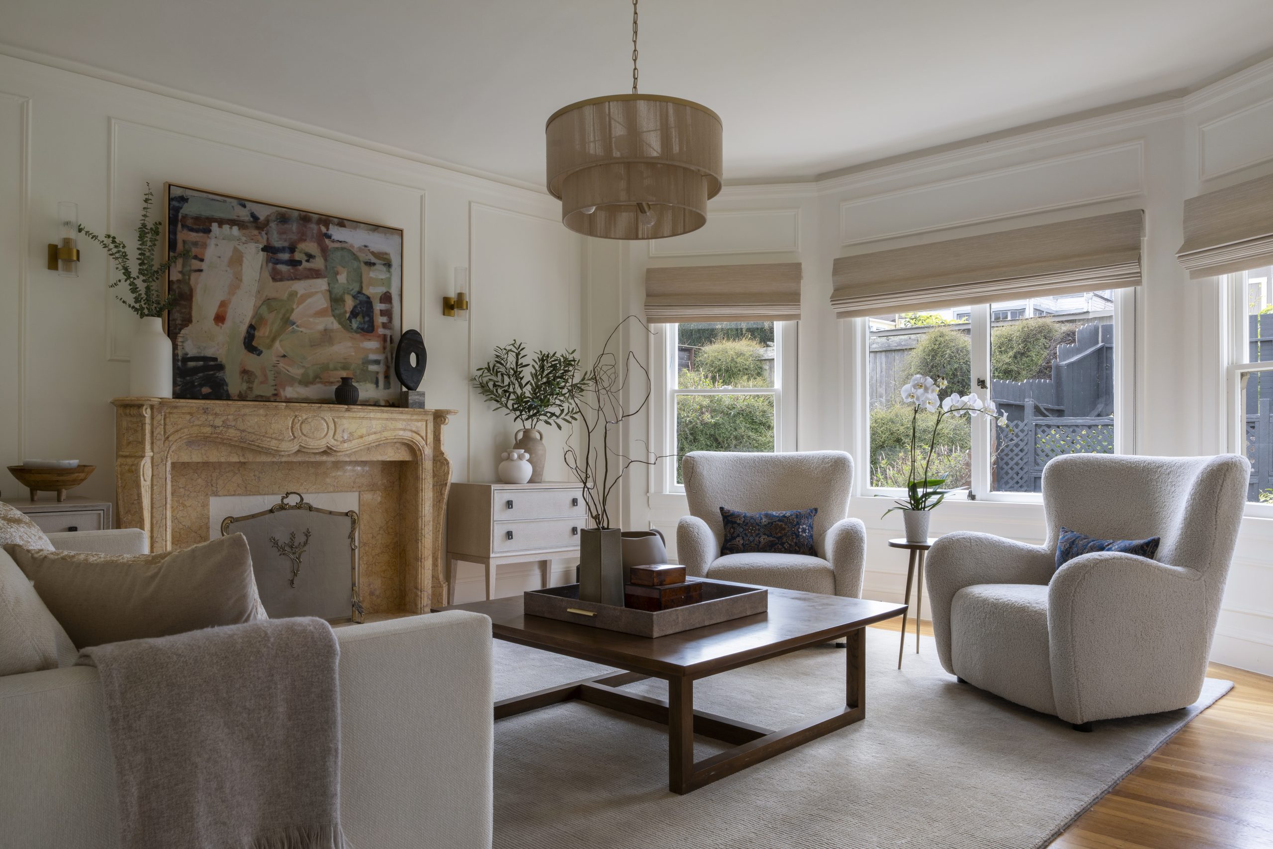 34-foot living and dining room run with period detail
