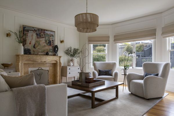 34-foot living and dining room run with period detail